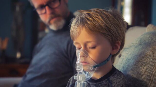 Young boy with asthma using a nebulizer with his father nearby for support