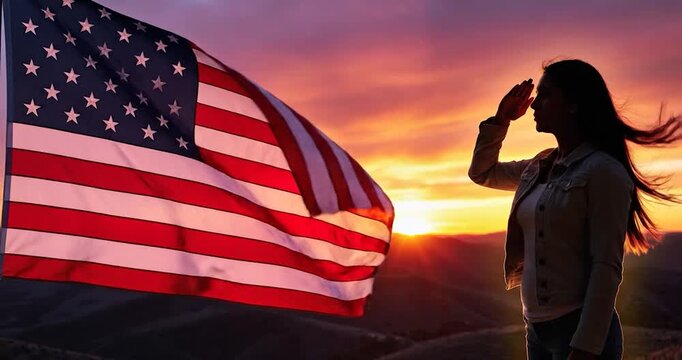Patriotic woman salutes flag at golden hour mountain sunset