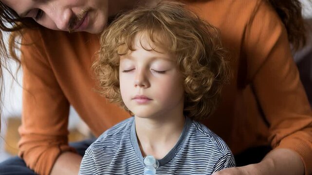 Young boy with curly hair using a nebulizer with eyes closed, receiving medical treatment