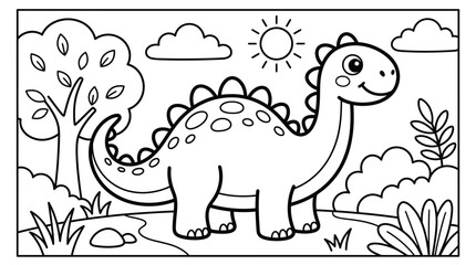 Obraz premium Cute smiling dinosaur coloring page illustration for kids, featuring a friendly creature in a vibrant prehistoric landscape, ready for creative fun