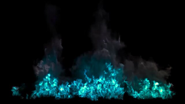 Blue Flames Smoke Rising Loop Black Background 4K