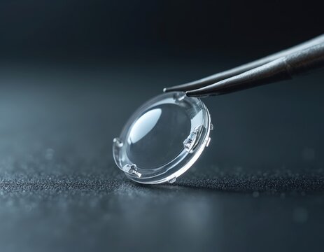 Intraocular lens held by forcpic for cataract surgery. Medical implant for vision correction. Clear optic lens used in ophthalmic procedures for eye health.