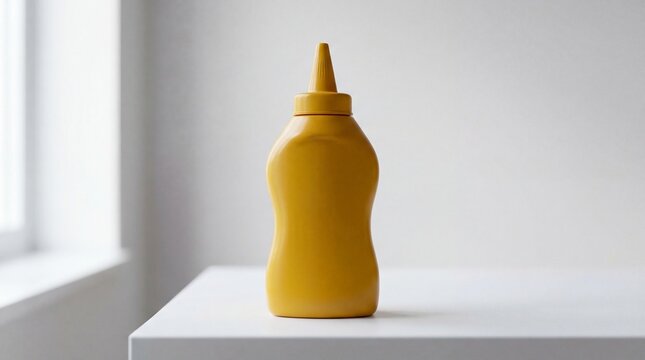 A yellow mustard bottle sitting on a white table in a bright room
