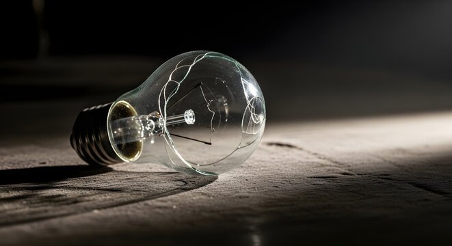A cinematic, close-up shot of a broken incandescent light bulb lying on a rough, textured surface. The glass globe is covered in delicate cracks, catching a dramatic beam of light that creates sharp 