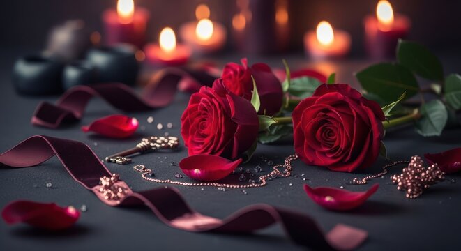 Romantic red roses with candles and jewelry on dark background