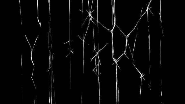 Horizontal cracks and glass hole with white lines on black screen. Stock breaking and fracture effect in 4K. Damage animation.