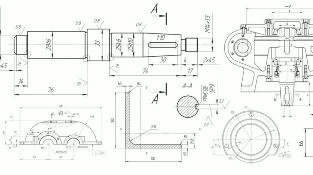 Video animation with assembly engineering drawing 
of steel mechanical parts with dimension lines. 
Animated motion effect. Computer technical
cad scheme on paper sheet. Technology background.