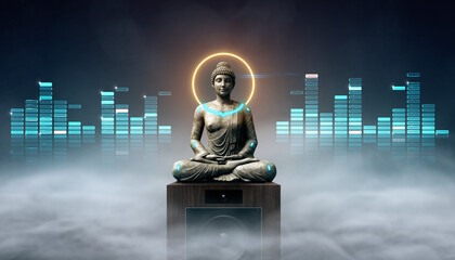 Fototapeta na wymiar Statue of a seated figure with sound waves behind it in a dark space during the night