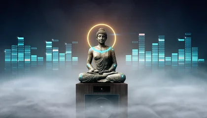 Wandcirkels Ziekenhuis Statue of a seated figure with sound waves behind it in a dark space during the night  © alphaspirit