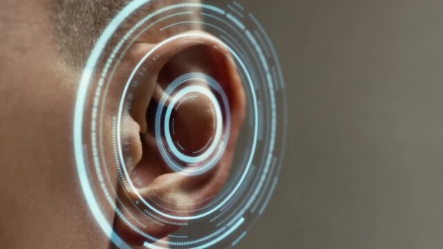 Digital circular interface overlays the ear of a young adult man with fair skin to represent advanced hearing technology and sound enhancement.