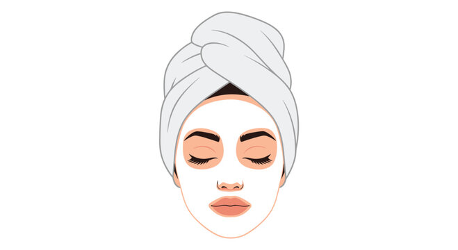 A woman's face with a white facial mask and a towel turban is depicted on a white background.