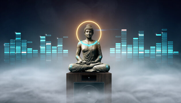 Statue of a seated figure with sound waves behind it in a dark space during the night