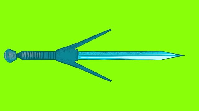Self drawing colorful sharp dagger on green screen. Shaded knife with pointed edges animation in 4K.