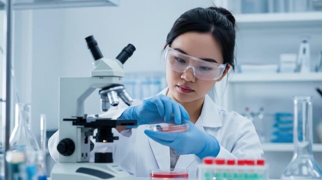 Scientist examining specimen in laboratory setting with microscope and test tubes