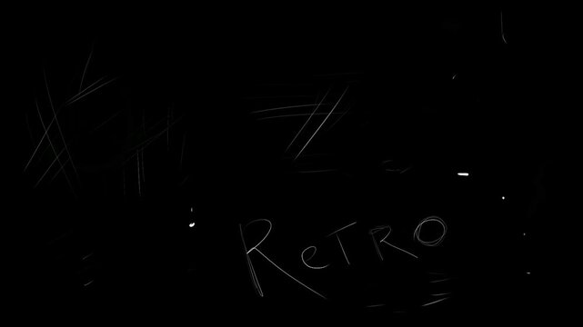 White noise with scratches holes dents and doodle notes on black screen. Retro damaged overlay effect stock video.