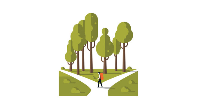 A person with a red backpack stands at a fork in a white path surrounded by a dense cluster of tall green trees.