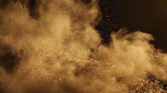 Dynamic Golden Dust Powder Explosion and Sparkles Floating on a Dark Cinematic Background for Premium Visual Effects and Abstract Design Concepts