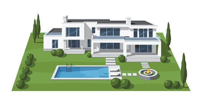 An isometric illustration features a modern white house with a swimming pool and fire pit on a green lawn.