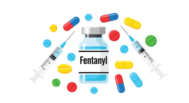 A clear glass vial labeled Fentanyl is centered, surrounded by two syringes and various colorful pills and capsules scattered on a white background.