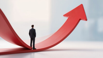 Fototapeta premium Businessman Standing on Red Arrow: Conceptual Growth and Future Vision