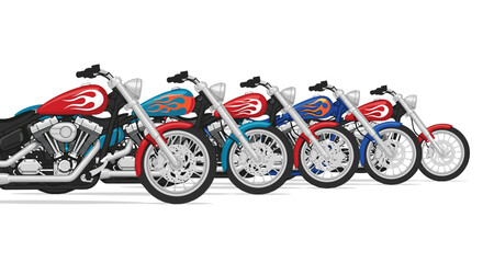 Obraz premium A line of six custom chopper motorcycles, featuring red and blue flame decals, are parked in a row on a white background.