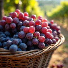 Naklejka premium Basket with ripe red and purple grapes sits in a vineyard. Fresh fruit harvested from farm fields, perfect for healthy eating, cooking, or wine.