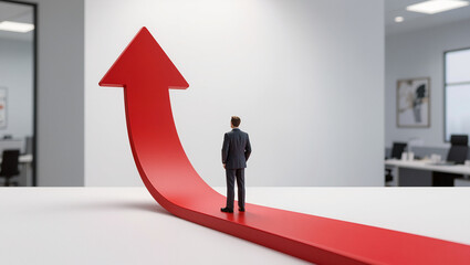 Obraz premium Businessman Standing on Red Upward Arrow in Office Environment