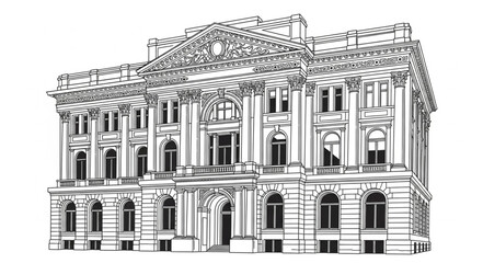 Detailed architectural drawing of a grand classical building facade. © Ayung
