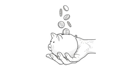 Piggy Bank Savings - Coins Falling into a Handheld Piggy Bank. © Ayung