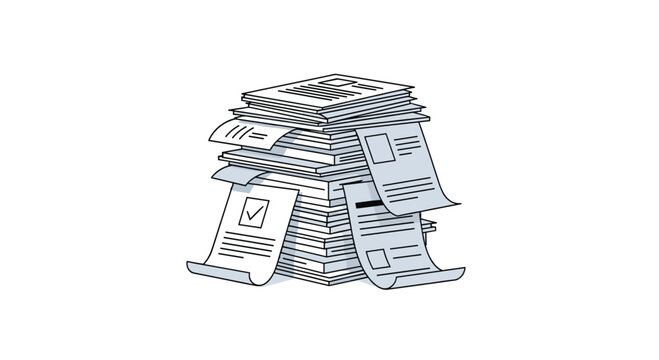 A tall, neatly organized stack of white papers with curled edges and line art details is shown in a minimalist style.