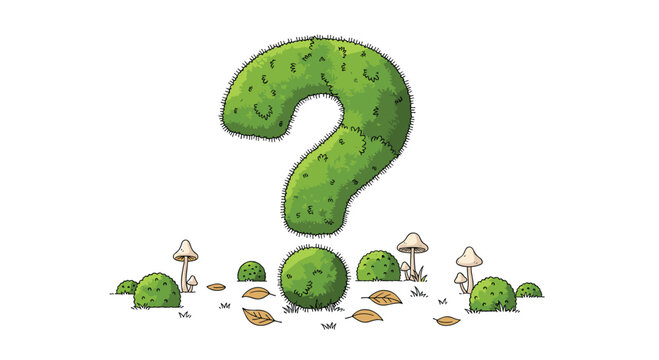 A large, textured green question mark made of foliage is surrounded by small bushes, mushrooms, and leaves on a white ground.