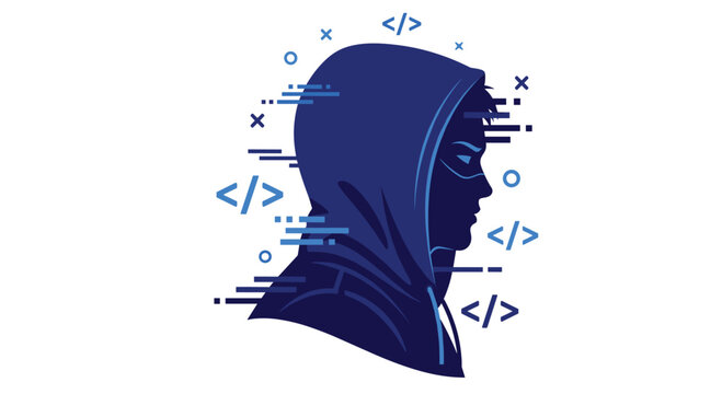 A blue silhouette of a hooded person facing right is surrounded by glitch effects and code symbols on a white background.
