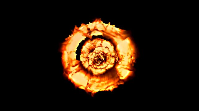 Fire spiral vortex tunnel rotating inferno rings logarithmic combustion loop black background 4K