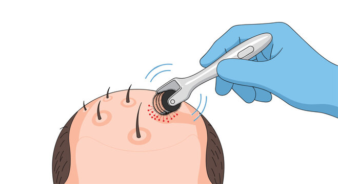 A gloved hand uses a derma roller on a person's scalp to stimulate hair growth.