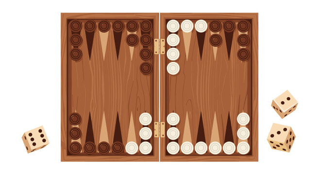 A wooden backgammon board is fully set with dark brown and white checkers, with two dice resting beside it.