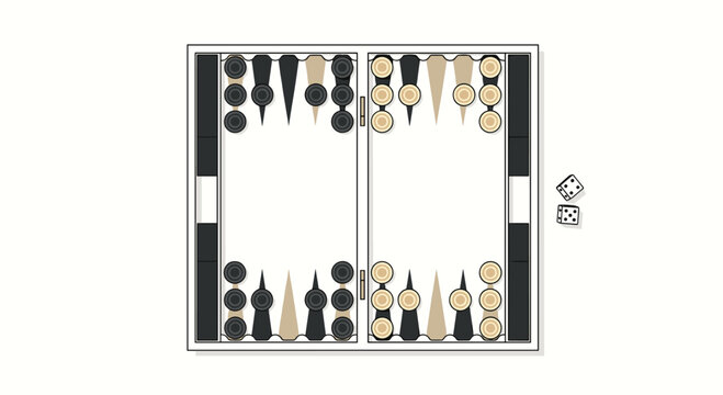 An open backgammon board with black and beige checkers and two dice is displayed on a white surface.