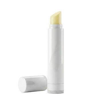 White lip balm stick with open cap and yellow balm