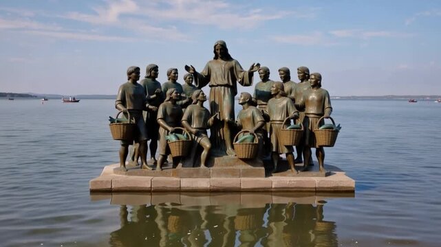 Statue of people on floating platform.