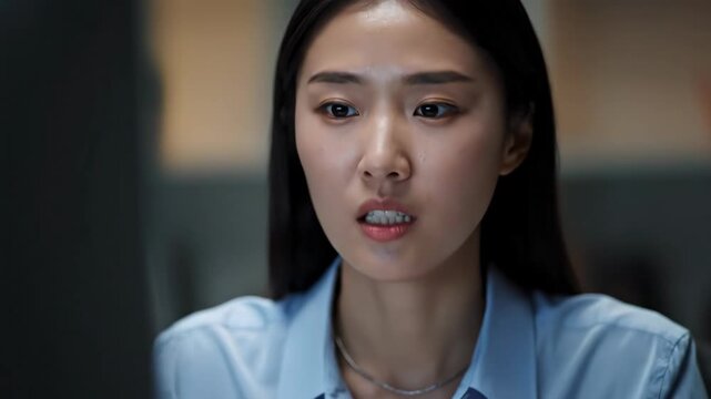 Focused Asian woman working on a laptop in office, concentrating on the screen. Business, work, technology concept.