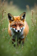 Fototapeta premium Red fox emerges from tall green grass in field. Wild canine with orange fur and bushy tail looks forward, alertly. Animal gazes through meadow.