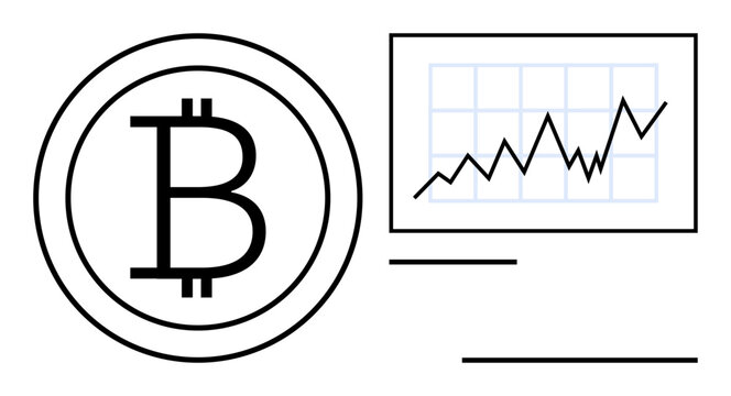 Cryptocurrency, blockchain, digital assets, trading, financial growth, investment trends. Bitcoin symbol next to an upward line graph. Cryptocurrency and trading concepts