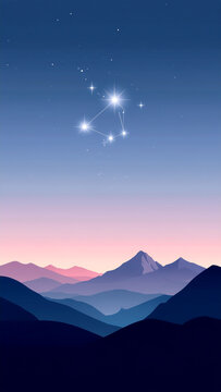Matariki Event Banner Celebrating, Libra Zodiac Sign: Mystical constellation shining in the twilight sky over a minimalist purple mountain landscape. Spiritual astrology horoscope vector illustration.