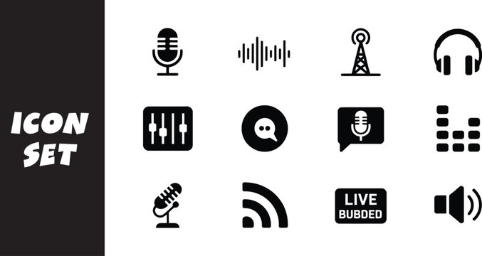 Collection of icons representing various audio and broadcasting functionalities