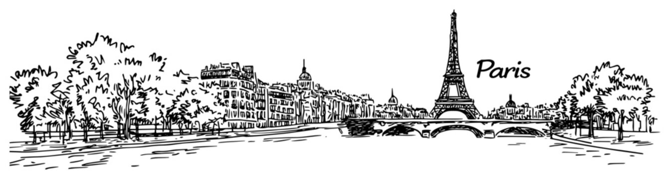 Paris France Cityscape Sketch with Eiffel Tower and Seine River, Romantic French Landmark Skyline Vector Illustration