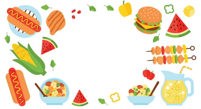 A colorful vector illustration of picnic and BBQ items like hot dogs, burgers, corn, watermelon, kebabs, and lemonade, framing a white center.