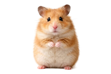 Isolated cute golden hamster standing with front paws together, front view, ready for PNG cutout, transparent background design element, clipart
