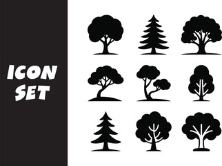 Diverse set of nine black silhouette tree icons arranged in a grid pattern © Md