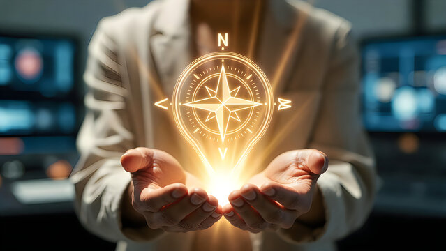 A person holding a glowing holographic compass symbol representing guidance and digital navigation