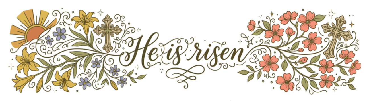 Horizontal Easter banner with He is risen calligraphy text surrounded by floral lilies and crosses in a hand drawn illustration style for religious celebration isolated on white background