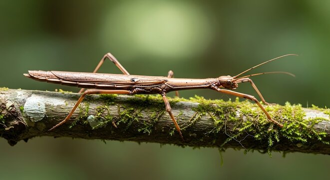 Brown stick insect camouflaged on a mossy tree branch in a lush green forest environment